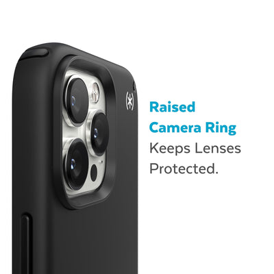 Slightly tilted view of side of phone case showing phone cameras - Raised camera ring keeps lenses protected.#color_black