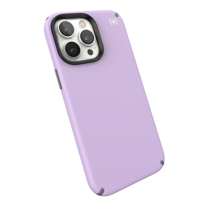 Tilted three-quarter angled view of back of phone case#color_spring-purple-cloudy-grey