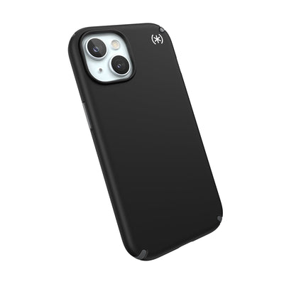 Tilted three-quarter angled view of back of phone case.#color_black-slate-grey