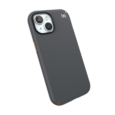 Tilted three-quarter angled view of back of phone case.#color_charcoal-grey-cool-bronze