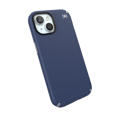 Tilted three-quarter angled view of back of phone case.#color_coastal-blue-dust-grey