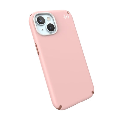 Tilted three-quarter angled view of back of phone case.#color_dahlia-pink-rose-copper