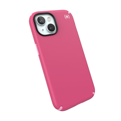 Tilted three-quarter angled view of back of phone case.#color_digital-pink-blossom-pink