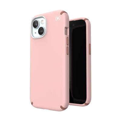 Three-quarter view of back of phone case simultaneously shown with three-quarter front view of phone case.#color_dahlia-pink-rose-copper