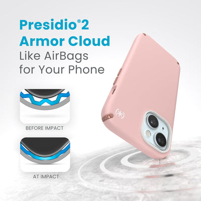 A case with phone inside hits a hard surface on the top corner. Diagrams show Armor Cloud case lining before and at impact. Text reads Presidio2 Armor Cloud. Like airbags for your phone. #color_dahlia-pink-rose-copper