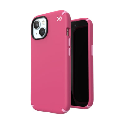 Three-quarter view of back of phone case simultaneously shown with three-quarter front view of phone case.#color_digital-pink-blossom-pink