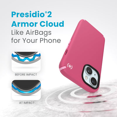 A case with phone inside hits a hard surface on the top corner. Diagrams show Armor Cloud case lining before and at impact. Text reads Presidio2 Armor Cloud. Like airbags for your phone. #color_digital-pink-blossom-pink
