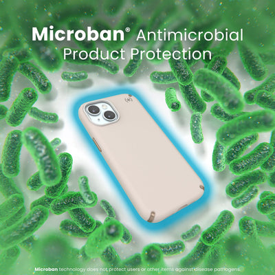 A case with phone inside is surrounded by bacteria. A blue halo around the phone keeps the bacteria away. Text reads Microban antimicrobial product protection. Microban technology does not protect users or other items against disease pathogens.#color_bleached-bone-heirloom-gold