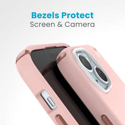 A case with phone inside with camera facing up is lying on top of a case with phone inside with screen facing up. Both are at a sharp angle clearly showing case's raised bezels around screen and camera. Text reads bezels protect screen and camera.#color_dahlia-pink-rose-copper