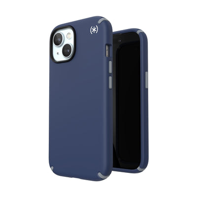 Three-quarter view of back of phone case simultaneously shown with three-quarter front view of phone case.#color_coastal-blue-dust-grey