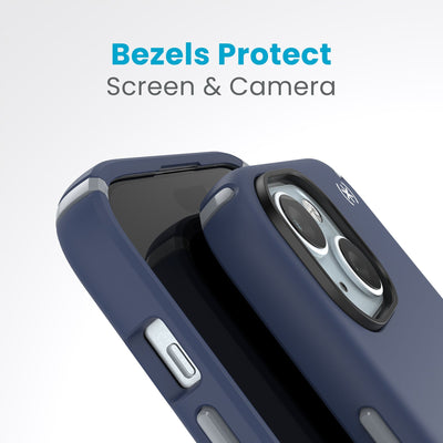 A case with phone inside with camera facing up is lying on top of a case with phone inside with screen facing up. Both are at a sharp angle clearly showing case's raised bezels around screen and camera. Text reads bezels protect screen and camera.#color_coastal-blue-dust-grey