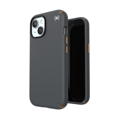 Three-quarter view of back of phone case simultaneously shown with three-quarter front view of phone case.#color_charcoal-grey-cool-bronze