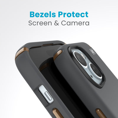 A case with phone inside with camera facing up is lying on top of a case with phone inside with screen facing up. Both are at a sharp angle clearly showing case's raised bezels around screen and camera. Text reads bezels protect screen and camera.#color_charcoal-grey-cool-bronze