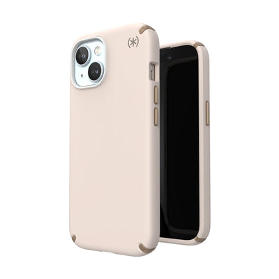 Three-quarter view of back of phone case simultaneously shown with three-quarter front view of phone case.#color_bleached-bone-heirloom-gold