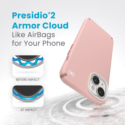 A case with phone inside hits a hard surface on the top corner. Diagrams show Armor Cloud case lining before and at impact. Text reads Presidio2 Armor Cloud. Like airbags for your phone. #color_dahlia-pink-rose-copper