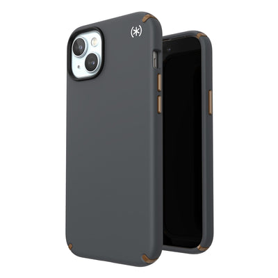 Three-quarter view of back of phone case simultaneously shown with three-quarter front view of phone case.#color_charcoal-grey-cool-bronze
