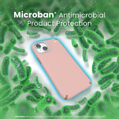 A case with phone inside is surrounded by bacteria. A blue halo around the phone keeps the bacteria away. Text reads Microban antimicrobial product protection. Microban technology does not protect users or other items against disease pathogens.#color_dahlia-pink-rose-copper