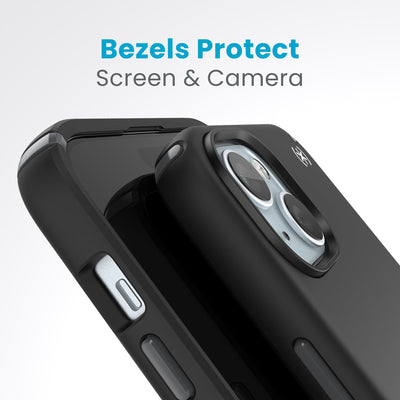 A case with phone inside with camera facing up is lying on top of a case with phone inside with screen facing up. Both are at a sharp angle clearly showing case's raised bezels around screen and camera. Text reads bezels protect screen and camera.#color_black-slate-grey