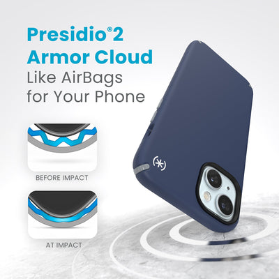 A case with phone inside hits a hard surface on the top corner. Diagrams show Armor Cloud case lining before and at impact. Text reads Presidio2 Armor Cloud. Like airbags for your phone. #color_coastal-blue-dust-grey