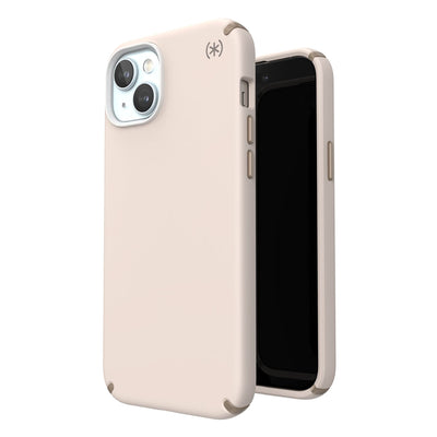 Three-quarter view of back of phone case simultaneously shown with three-quarter front view of phone case.#color_bleached-bone-heirloom-gold