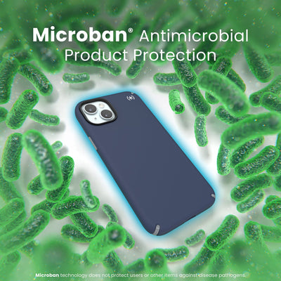 A case with phone inside is surrounded by bacteria. A blue halo around the phone keeps the bacteria away. Text reads Microban antimicrobial product protection. Microban technology does not protect users or other items against disease pathogens.#color_coastal-blue-dust-grey