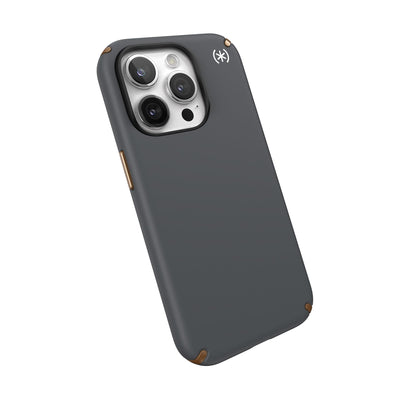 Tilted three-quarter angled view of back of phone case.#color_charcoal-grey-cool-bronze