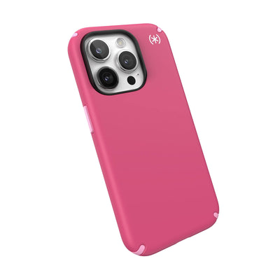 Tilted three-quarter angled view of back of phone case.#color_digital-pink-blossom-pink