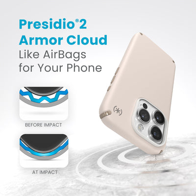A case with phone inside hits a hard surface on the top corner. Diagrams show Armor Cloud case lining before and at impact. Text reads Presidio2 Armor Cloud. Like airbags for your phone. #color_bleached-bone-heirloom-gold