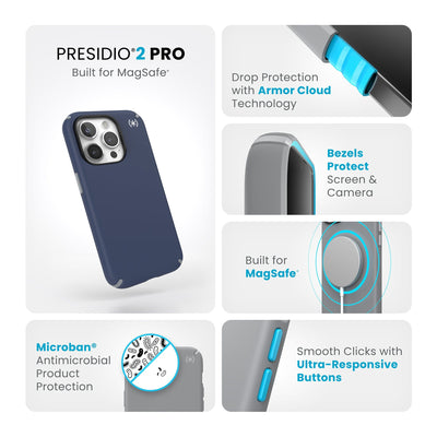 Summary of all product features such as MagSafe compatibility, drop protection with Armor Cloud technology, Microban antimicrobial product protection, raised bezels to protect screen and camera, and smooth clicks with ultra-responsive buttons.#color_coastal-blue-dust-grey
