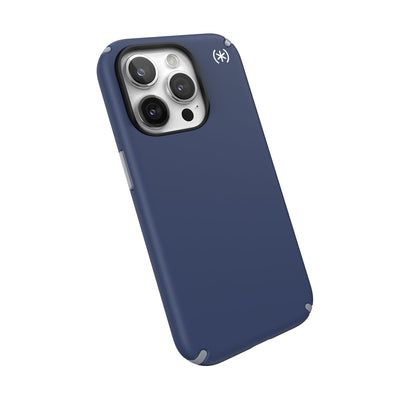 Tilted three-quarter angled view of back of phone case.#color_coastal-blue-dust-grey
