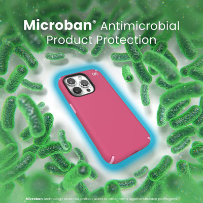 A case with phone inside is surrounded by bacteria. A blue halo around the phone keeps the bacteria away. Text reads Microban antimicrobial product protection. Microban technology does not protect users or other items against disease pathogens.#color_digital-pink-blossom-pink