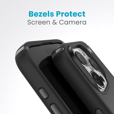 A case with phone inside with camera facing up is lying on top of a case with phone inside with screen facing up. Both are at a sharp angle clearly showing case's raised bezels around screen and camera. Text reads bezels protect screen and camera.#color_black-slate-grey