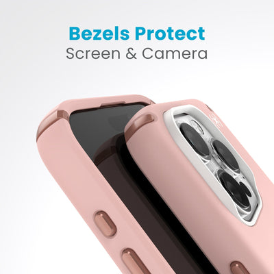 A case with phone inside with camera facing up is lying on top of a case with phone inside with screen facing up. Both are at a sharp angle clearly showing case's raised bezels around screen and camera. Text reads bezels protect screen and camera.#color_dahlia-pink-rose-copper