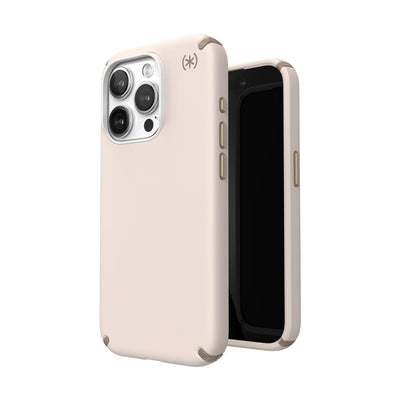 Three-quarter view of back of phone case simultaneously shown with three-quarter front view of phone case.#color_bleached-bone-heirloom-gold