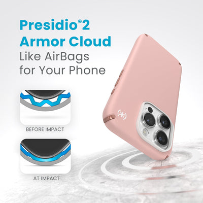 A case with phone inside hits a hard surface on the top corner. Diagrams show Armor Cloud case lining before and at impact. Text reads Presidio2 Armor Cloud. Like airbags for your phone. #color_dahlia-pink-rose-copper