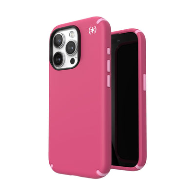 Three-quarter view of back of phone case simultaneously shown with three-quarter front view of phone case.#color_digital-pink-blossom-pink