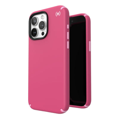 Three-quarter view of back of phone case simultaneously shown with three-quarter front view of phone case.#color_digital-pink-blossom-pink