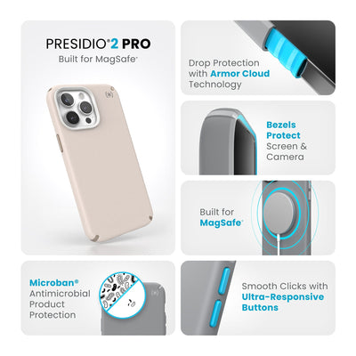 Summary of all product features such as MagSafe compatibility, drop protection with Armor Cloud technology, Microban antimicrobial product protection, raised bezels to protect screen and camera, and smooth clicks with ultra-responsive buttons.#color_bleached-bone-heirloom-gold