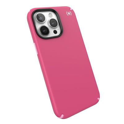 Tilted three-quarter angled view of back of phone case.#color_digital-pink-blossom-pink