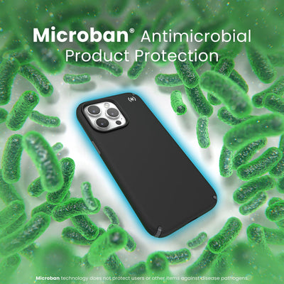 A case with phone inside is surrounded by bacteria. A blue halo around the phone keeps the bacteria away. Text reads Microban antimicrobial product protection. Microban technology does not protect users or other items against disease pathogens.#color_black-slate-grey