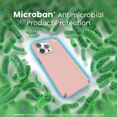 A case with phone inside is surrounded by bacteria. A blue halo around the phone keeps the bacteria away. Text reads Microban antimicrobial product protection. Microban technology does not protect users or other items against disease pathogens.#color_dahlia-pink-rose-copper