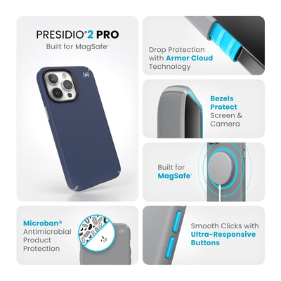 Summary of all product features such as MagSafe compatibility, drop protection with Armor Cloud technology, Microban antimicrobial product protection, raised bezels to protect screen and camera, and smooth clicks with ultra-responsive buttons.#color_coastal-blue-dust-grey