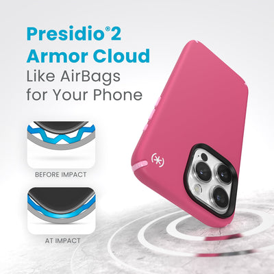 A case with phone inside hits a hard surface on the top corner. Diagrams show Armor Cloud case lining before and at impact. Text reads Presidio2 Armor Cloud. Like airbags for your phone. #color_digital-pink-blossom-pink