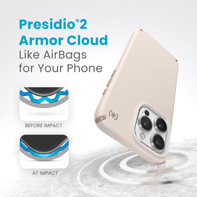 A case with phone inside hits a hard surface on the top corner. Diagrams show Armor Cloud case lining before and at impact. Text reads Presidio2 Armor Cloud. Like airbags for your phone. #color_bleached-bone-heirloom-gold