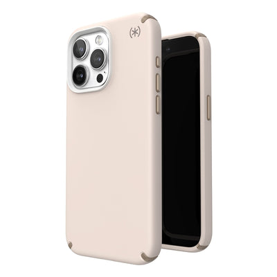 Three-quarter view of back of phone case simultaneously shown with three-quarter front view of phone case.#color_bleached-bone-heirloom-gold