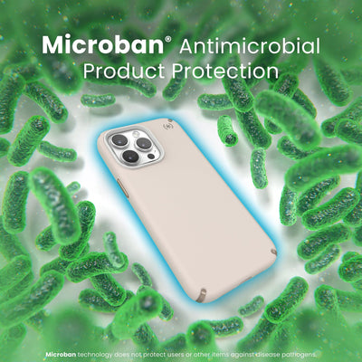 A case with phone inside is surrounded by bacteria. A blue halo around the phone keeps the bacteria away. Text reads Microban antimicrobial product protection. Microban technology does not protect users or other items against disease pathogens.#color_bleached-bone-heirloom-gold