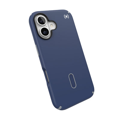 Tilted slight perspective view of back of phone case with phone inside#color_coastal-blue-dust-grey