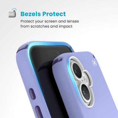 Raised bezels around phone screen and camera are highlighted. Text reads Bezels Protect: Protect your screen and lenses from scratches and impact#color_future-lavender-cassis-purple