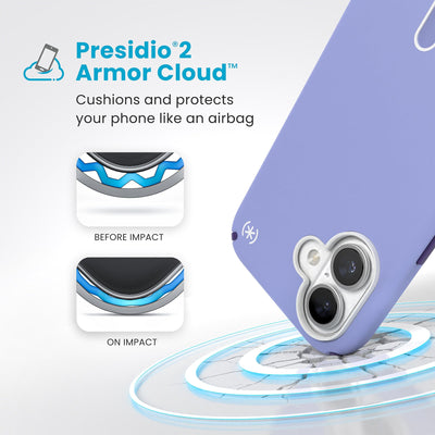 A corner of the case impacts the ground - a diagram shows interior cushion of phone before impact and on impact. Text reads Presidio2 Armor Cloud: Cushions and protects your phone like an airbag#color_future-lavender-cassis-purple