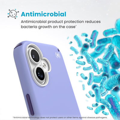 Bacteria is shown around phone case but not on it. Text reads Antimicrobial: Antimicrobial product protection reduces bacteria growth on the case (Antimicrobial technology does not protect users or other items against disease pathogens)#color_future-lavender-cassis-purple